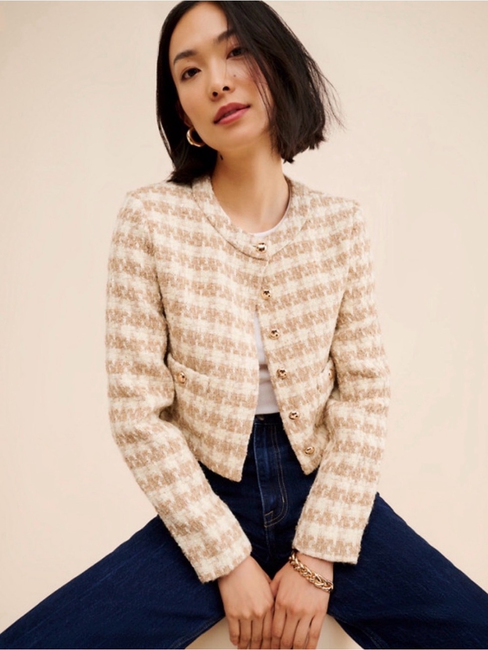 Amanda Uprichard Cream and Beige Tweed Jacket with Gold Buttons